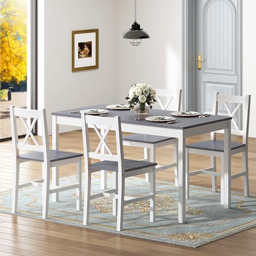 sogesfurniture 42.5" 4-Person Dining Table Set, 5 Pieces Pine Wood Kitchen Table with 4 Chairs,Indoor Modern Rectangular Dining Table Furniture Set for Kitchen, Dining Room, Dinette, Breakfast Nook sogesfurniture