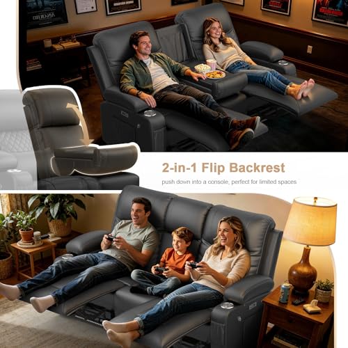 Power Loveseat Recliner Sofa, Electric Reclining Loveseat Couch with Console, Home Theater Seating with Bluetooth Speaker & LED Light, Zero Wall Hugger RV Sofa Furniture with Built-in Outlet & Storage