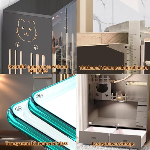 Wooden Cat House Large Space Cat Cage, Indoor/Outdoor Cat Enclosure with Wheels, Multi-Feature Enclosed Cat Condo with 2 Drawers for Indoor Cats Ventilation Glass Doors,57" X 36" X 24" HUATOL