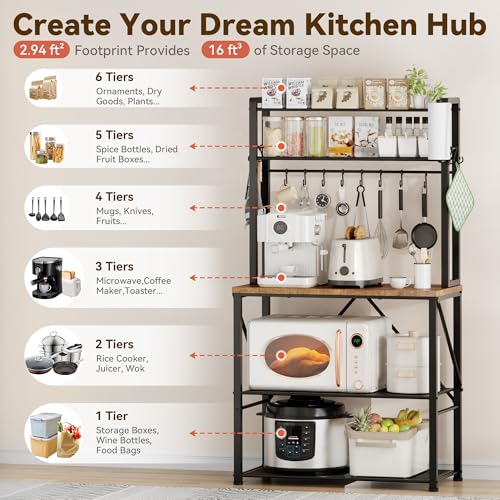 YASONIC Coffee Bar, Bakers Rack with Storage, 25.6 Inches Microwave Stand, 5 Tier Kitchen Shelves Appliance Storage, 12 S Hooks Large Coffee Station for Spices, Pots and Pans, Rustic Brown