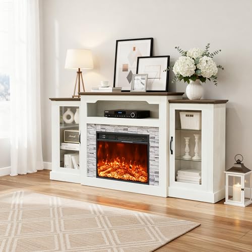 70-inch Electric Fireplace with Mantel, Fireplace TV Stand, Farmhouse Style Console Height Wooden Entertainment Center with Storage,4800 BTU 60-99°F Heating for Living Room,Bedroom TRONLEE