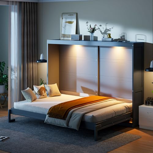 Virubi Queen Horizontal Murphy Bed with LED Lights,Wood Folding Hideaway Fluted Modern Murphy Wall Bed for Adult Guest Room Living Room Bedroom (Grey) Virubi