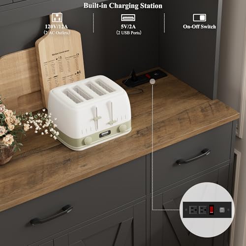 HOSTACK 71" Tall Pantry Cabinet with Charging Station, 55" Wide Kitchen Pantry Storage Cabinet with Countertop, Large Kitchen Hutch with Storage Drawers and Doors for Dining Room, Living Room, Black HOSTACK