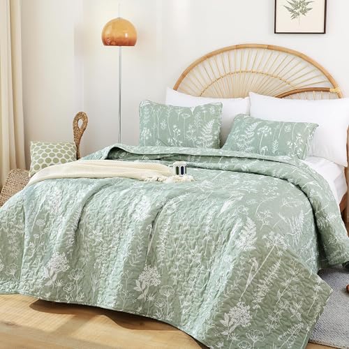 JANZAA Quilts Queen Size Sage Green Quilt Botanical with Floral Pattern Microfiber Bedspreads Queen Size 3 Pieces Lightweight Comforter Reversible Bedding Set with 2 Pillow Cases JANZAA