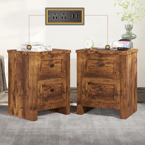 AMERLIFE Nightstand Set of 2 with Charging Station, Rustic Bedside Table with Drawers Storage, Farmhouse Wood Night Stand for Bedroom, Living Room, Rustic Brown AMERLIFE