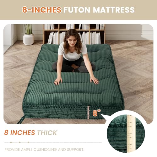 KOZIDO 8 Inches Futon Mattress Full Size, Extra Thick Futons Sofa Couch Bed with Strap Design, Japanese Floor Mattress for Adults, Folding Mattres Shredded Foam Filling (Frame Not Included), Green KOZIDO