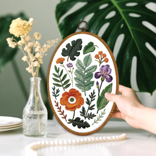 ORIGACH 6 Pack Plants Leaves & Flower Embroidery Kits for Beginners, DIY Starter Hand Embroidery Kit with Floral and Leaf Patterns and Instructions for Adults Women Crafting