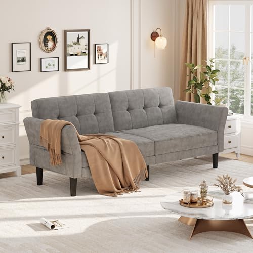 IDEALHOUSE 89" Futon Sofa Bed, Modern Chenille Sleeper Couch with Adjustable Backrest & Armrest, Convertible Futon Couch for Living Room Bedroom Apartments, Silver Gray IDEALHOUSE