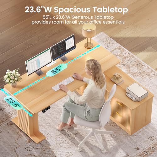 SEDETA L Shaped Electric Standing Desk, 55 inch Height Adjustable Office Executive Desk with Storage Drawers, Fluted Sit Stand Corner Computer Desk with Power Outlets for Home Office, Oak SEDETA