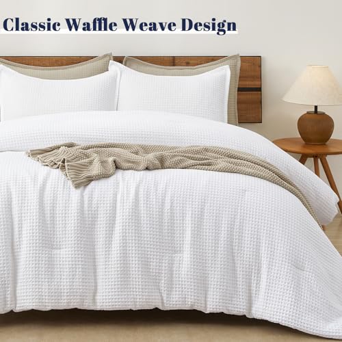 PHF Ultra Soft Waffle Weave Comforter Set King Size, 3 Pieces Lightweight Breathable Comfy Bedding Set, Comfy Textured 1 Comforter with 2 Pillow Shams, White PHF