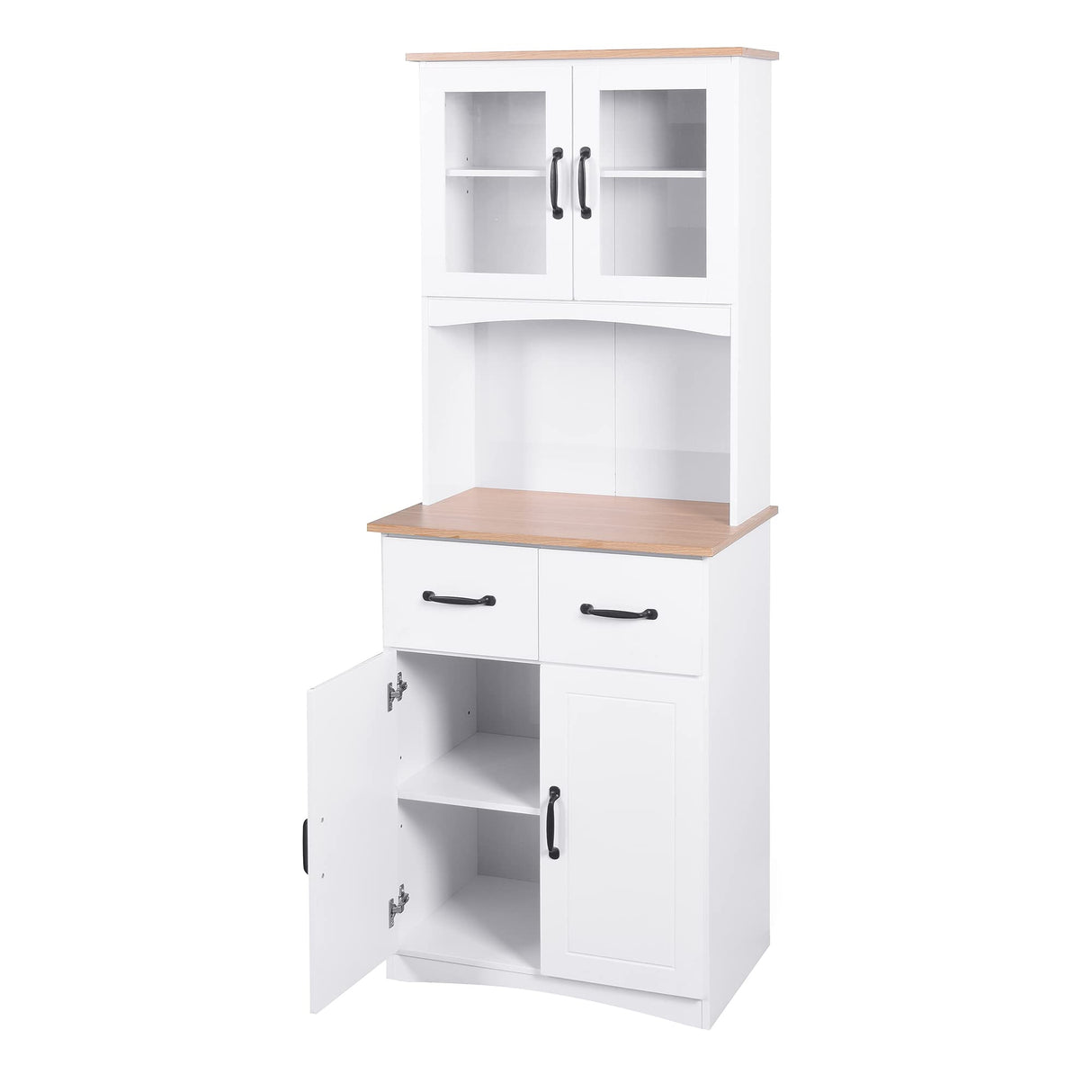 Aisurun Kitchen Buffet with Hutch, Freestanding Pantry Cabinet Kitchen Cupboard with 4 Doors, 2 Drawers & Open Shelf, 2 Storage Cabinets with Adjustable Shelves, White Aisurun