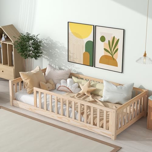 Oudiec Twin Size Montessori Floor Bed with Safety Fence - Easy Assembly Solid Wood Frame in Natural Finish Oudiec