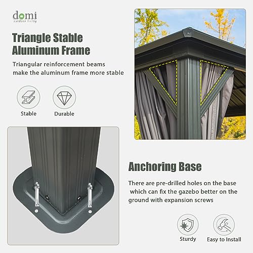 Domi Hardtop Gazebos 12x12FT, Aluminum Metal Gazebo with Galvanized Steel Double Roof Canopy, Curtain and Netting, Permanent Gazebo Pavilion for Patio, Backyard, Deck and Lawn, Grey domi outdoor living