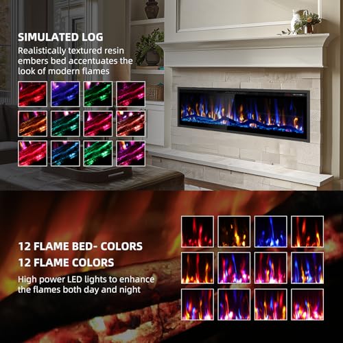 Eueiriup 50" Smart WiFi Electric Fireplace Narrow Bezel in Wall Recessed & Wall Mounted Fireplace Heater with App, Remote Control, Log Flame Option, 750/1500W for Indoor Used Heater Eueiriup