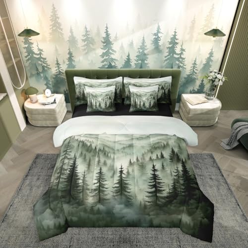 Erosebridal Smoky Mountain Bedding Set Full Nature Forest Green Comforter Set 7 Piece Rustic Woodland Botanical Pine Tree Bed in A Bag for Kids Adults Natural Jungle Plants Sheet Set with Comforter Erosebridal