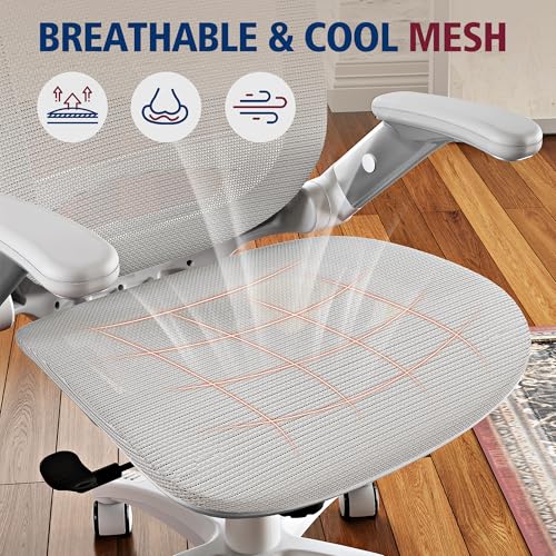 GABRYLLY Ergonomic Office Chair, High Back Home Desk Chair with Headrest, Flip-Up Arms, 90-120° Tilt Lock and Wide Cushion, 400LBS Mesh Chairs for Man Woman, White Task Chair(Grey,GY01WG) GABRYLLY