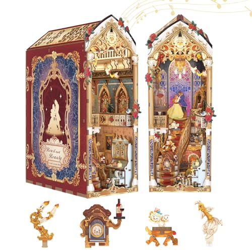 Tonecheer DIY Book Nook Kit for Adults, 3D Wooden Puzzle Music Booknook Miniature Dollhouse, Fairy Tale Bookend Bookshelf Decor with Dust Cover and LED Lights Gifts (Beast and Beauty)