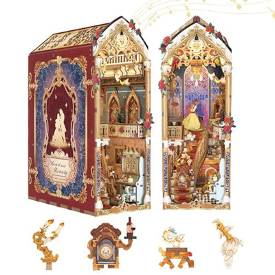 Tonecheer DIY Book Nook Kit for Adults, 3D Wooden Puzzle Music Booknook Miniature Dollhouse, Fairy Tale Bookend Bookshelf Decor with Dust Cover and LED Lights Gifts (Beast and Beauty)
