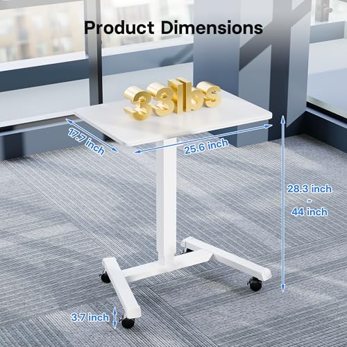 BONTEC Mobile Standing Desk Adjustable Height, Rolling Laptop Cart with Hook, Portable Workstation with Pneumatic Lift, Ergonomic Table with Wheels, Compact Home Office Desk, White 25.6" x 17.7" BONTEC