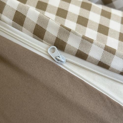 NSNLGSGC Queen Gingham Grid Duvet Cover Set Tan- Washed Microfiber Plaid Comforter Cover Set Brown Soft & Lightweight Breathable Clean Bedding Set(3PCS, Queen) NSNLGSGC