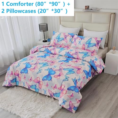 SDIII 3PCS Colorful Butterfly Comforter Set Full, Soft Microfiber Lightweight Full Butterfly Comforter, Butterflies Bedding for Girls Boys Kids Teens SDIII