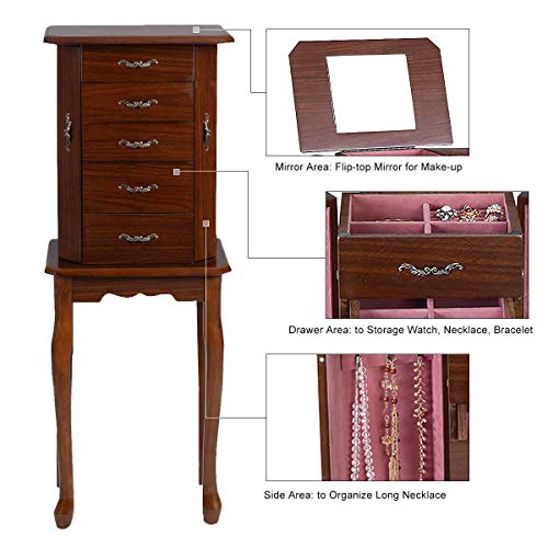 Giantex Standing Jewelry Cabinet Armoire with Top Flip Mirror, Jewelry Storage Organizer with 2 Side Doors for Necklaces, Jewelry Armoire Box Chest for Women Girls, Walnut Giantex