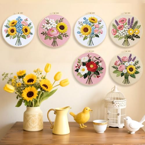 ORIGACH 6 Pack Flower Bouquet Embroidery Kits for Beginners, DIY Starter Hand Embroidery Kit with Sunflower Rose Lavender Patterns and Instructions for Adults Women Crafting