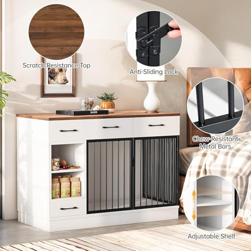 47.2" Dog Crate Furniture with Storage Drawers & Hidden Bowl, Wooden Indoor Kennel with Shelf & 2 Doors, Pet Cage for Small/Medium Dogs LotaTools
