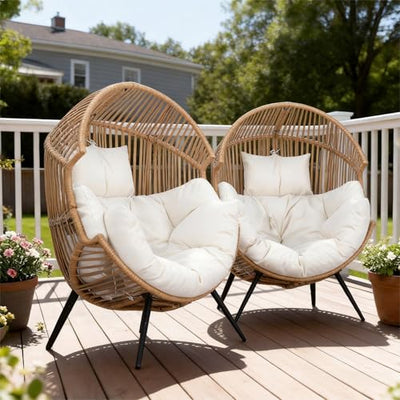 Oversized Outdoor Wicker Egg Chair Set of 2, Patio Lounge Chair Basket Seat with Thick Cushion, All Weather Indoor Outdoor Porch Rockers for Balcony, Living Room, Lawn Garden