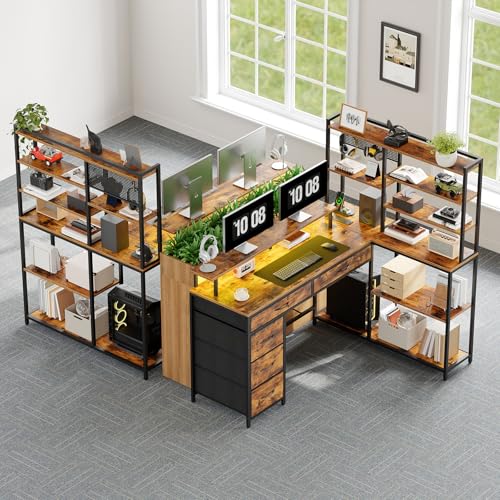 RALGEND L Shaped Computer Desk with Drawers, 53'' Gaming Desk with Storage Shelves, Corner Computer Desk with Power Outlets & LED Light, Home Office Desk with Monitor Stand and Pegboard, Rustic Brown RALGEND