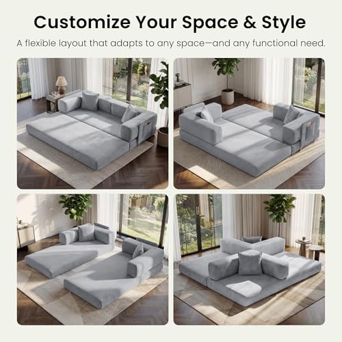 CUBENTE 78.8" Convertible Futon Sofa Bed,Corduroy Futon Couch with Storage Pocket,Folding Pull Out Sofa,No Assembly Boneless Couch for Living Room,Grey CUBENTE