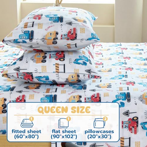 Homilay Queen Sheet Set Kids - Excavator Road Roller Dump Truck 4 Pieces Soft Microfiber Cartoon Style Bedsheets for Boys Girls Teens, Oeko TEX, Breathable Deep Pocket Sheets(Engineering Car) Homilay
