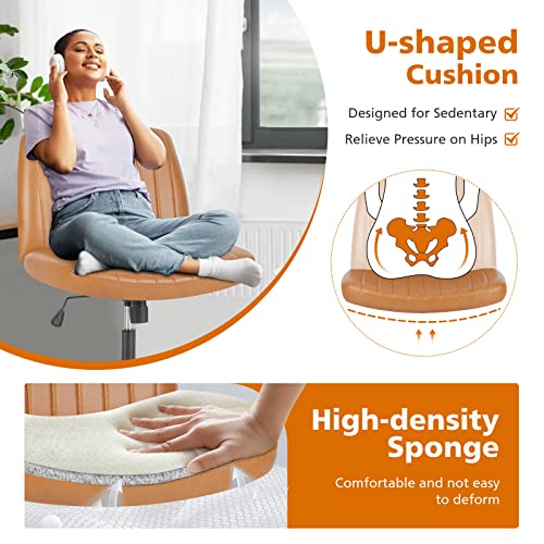 Sweetcrispy Criss Cross Chair Legged, Armless Office Swivel Desk Chair No Wheels, Vanity Height Adjustable Wide Seat Faux Leather Computer Task Seating for Home Bedroom Sweetcrispy