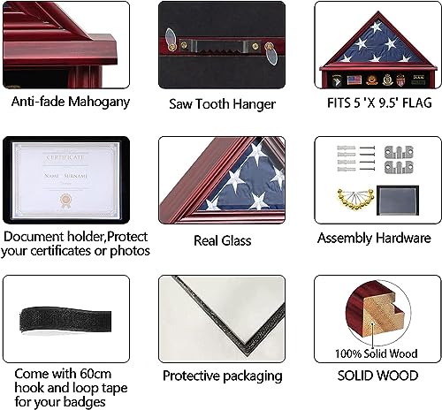 Tieeqe Large Military Shadow Box Solid Wood Burial Flag Display Case for American Veteran Flag Display Fit a Folded 5'x9.5' Flag Military Flag Tieeqe