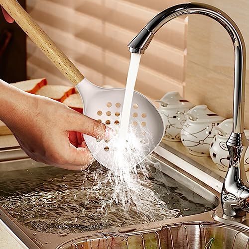 Silicone Cooking Utensils Set - 446°F Heat Resistant Silicone Kitchen Utensils for Cooking,Kitchen Utensil Spatula Set w Wooden Handles and Holder, BPA FREE Gadgets for Non-Stick Cookware (Khaki) oannao