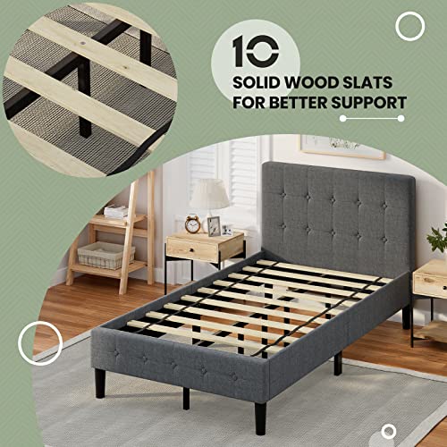 GORELAX Upholstered Twin Bed Frame with Headboard, Solid Wood Slat Support Mattress Foundation, No Box Spring Needed & Easy Assembly, Under Bed Storage, 16 inch Tall Platform Single Bed Frame (Grey) GORELAX