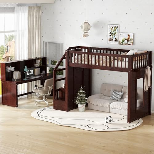 Harper & Bright Designs Twin Size Loft Bed with Stairs, Solid Wood Loft Bed with Movable Desk, Featuring Storage Stairs and Storage Shelf, for Teens Adults (Espresso) Harper & Bright Designs