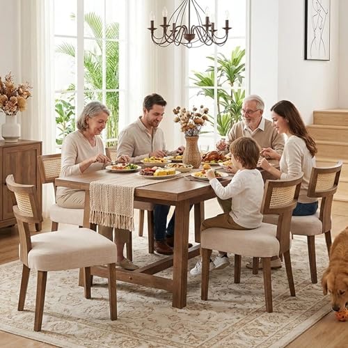 HNY Mid Century Modern Rattan Dining Chairs Set of 6, Farmhouse Linen Upholstered Accent Chair Curved Backrest Kitchen Chairs, with Hardwood Frame, Beige HNY
