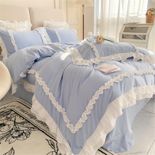 Girls Lace Bedding, Full Comforter Cover Set, Chic Ruffled Duvet Cover with 2 Layers Ruffle,Princess Style 1 Duvet Cover with 2 Pillowcases, No Comforter-Blue,Full SOUKECHY