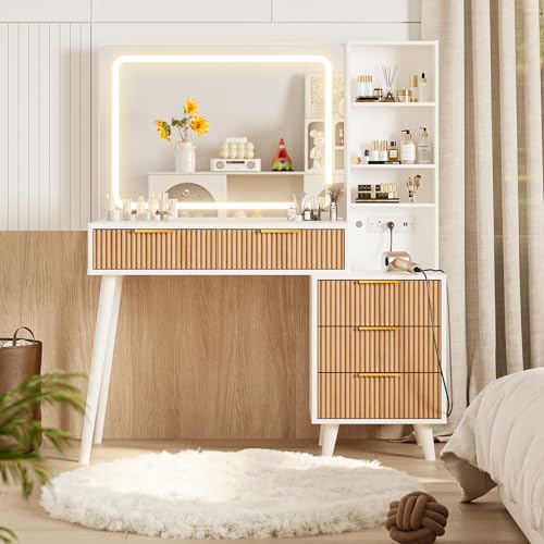 44" Vanity Desk with Mirror and Lights, Makeup Vanity Desk with Power Outlet, Makeup Desk with 5 Drawers&Storage Shelves, Vanity Table 3 Color Adjustable Brightness Dressing Table Set for Bedroom INNOD