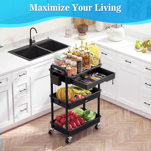 SUNALLY 3 Tier Rolling Cart with Drawer, Bathroom Storage Organizer with 2 Lockable Wheels, Multifunctional Rolling Storage Cart for Bathroom, Kitchen, Office, Craft, Makeup, Baby Essentials, Black