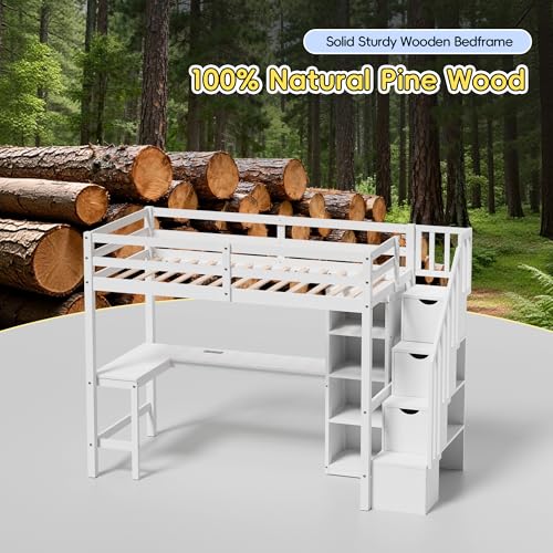 Xilingol Twin Loft Bed with Stairs and Desk, Solid Wooden Loft Bed, Heavy Duty Loft Bed with L-Shape Desk, LED Light Strips, Charging Station, Storage Cabinets, Extra-High Guardrails for Kids, Teens Xilingol