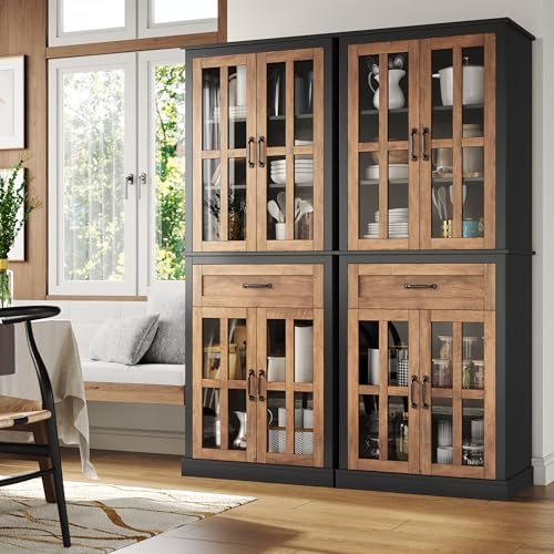 FOTOSOK 71'' Kitchen Pantry Cabinet, Tall Kitchen Cabinet Pantry Cabinet with Glass Doors and Drawer, Freestanding Food Pantry Kitchen Hunch with Adjustable Shelves for Dining Living Room, Natural FOTOSOK