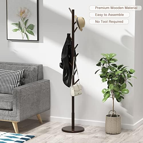Wooden Freestanding Coat Tree with 4 Height Options and 9 Hooks, Sturdy Coat Rack Stand for Clothes/Bags/Hats,Easy Assemble Save Space for Entryway,Bedroom,Office,Narrow Place-Coffee Bamdibola