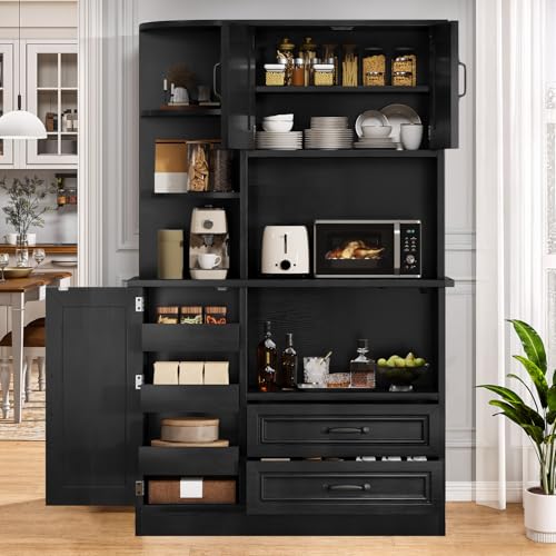 DWVO Kitchen Pantry Storage Cabinet, 64" H Kitchen Hutch Cabinet with Power Outlet, Sliding Racks with Door, Drawers with Doors and 3-Tier External Shelves for Living Room, Dining Area (Black) DWVO