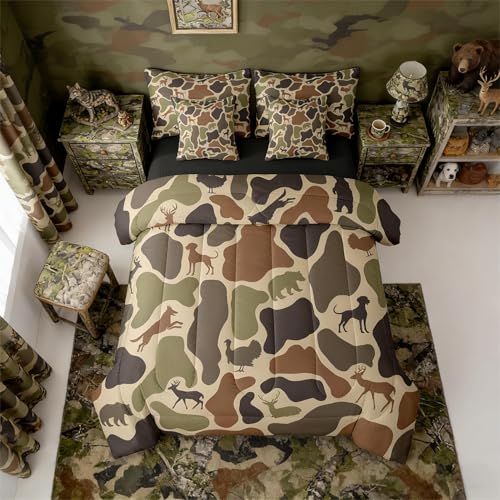 Erosebridal Deer Bear 7 Piece Bedding Set Twin Camo Comforter Set with Sheets Hound Turkey Wolf Army Print Bed in a Bag Brown Farmhouse Camouflage for Kids Boys Girls Erosebridal