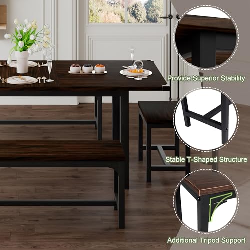 Feonase 5-Piece Dining Table Set for 4-8 People, 63" Extendable Kitchen Table Set with 2 Benches and 2 Square Stools, Dining Room Table with MDF Wood Board, Easy Clean, Dark Brown Feonase