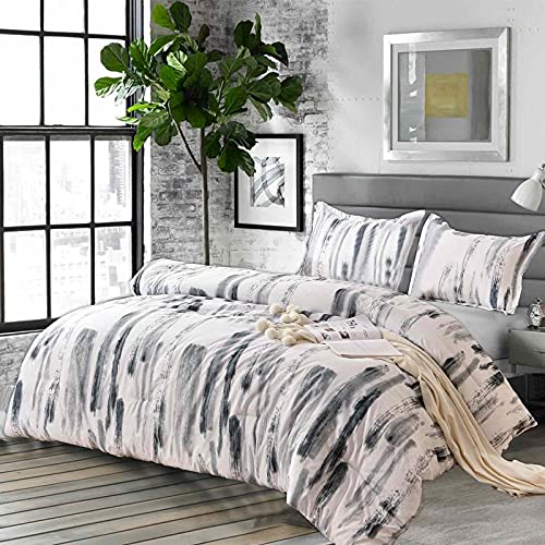 Nanko King Comforter Set 3pc, Art Grey White Printed Pattern Reversible Down Alternative Microfiber Bedding - All Season Duvet and 2 Pillowcases Bed Sets Modern for Women Men, Size 104 x 90 Gray Nanko