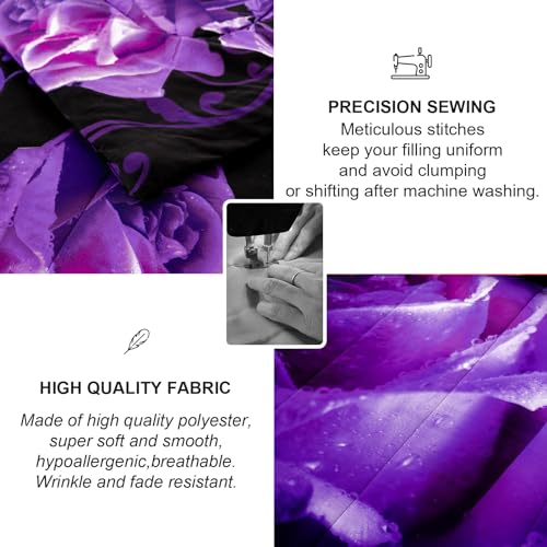 WONGS BEDDING Purple Comforter Set Twin, Reversible Purple Rose Pattern Printed Bedding Down Comforter with 1 Pillowcases for All Seasons, Soft Microfiber Filling Bedding Set 90"x68" WONGS BEDDING