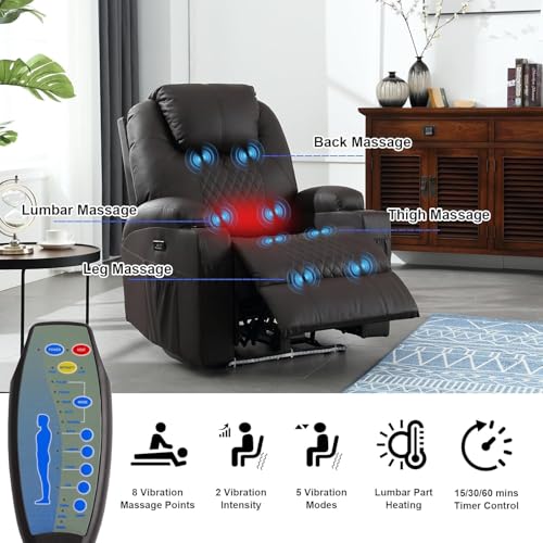 IBTKIG Power Recliner Chair with Massage and Heat, Leather Home Theater Seating with LED Lights/Cup Holders/Side Pocket/USB Port, Reclining Sofa Chair for Living Room (1, Brown)